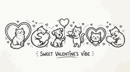 Cute hand-drawn cats inside heart frames with a Sweet Valentine's Vibe – playful Valentine illustration