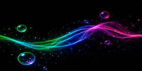 An abstract blue space background with glowing bubbles and bright stars features a colorful light design and circular energy patterns over a dark night wallpaper backdrop © MdShakibAhamed