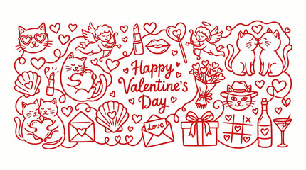 Valentine's Day doodle collage with hearts, roses, gifts, envelopes, cupcakes and cute animals for romantic cards, banners and decorations