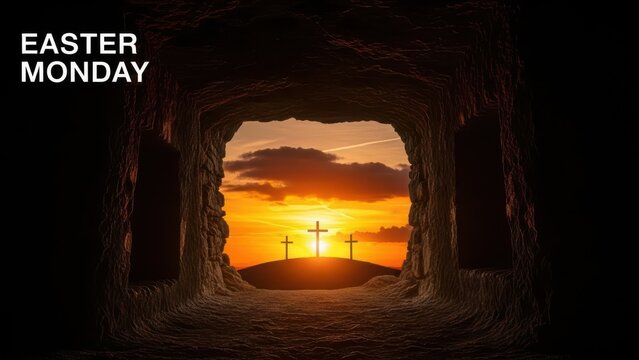 Empty tomb opening to a radiant easter monday sunset with three crosses on calvary hill