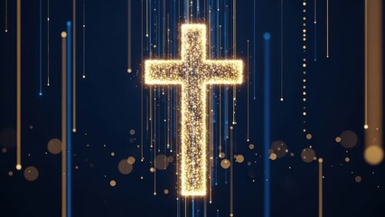 A radiant golden cross made of sparkling particles with digital light trails on a dark background