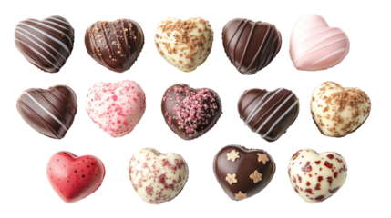 Valentine's day chocolate hearts, assorted flavors, isolated on transparent background