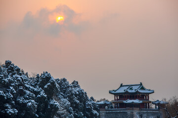 Wenchang Pavilion sunrise snowscape at the Summer Palace, Beijing, China