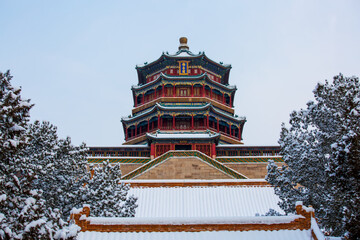 Tower of Buddhist Incense ancient architectural complex snowscape at the Summer Palace, Beijing, China