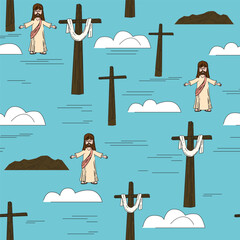 Seamless pattern He is risen, Easter, cross sky, cloud