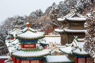 Tower of Buddhist Incense ancient architectural complex snowscape at the Summer Palace, Beijing, China