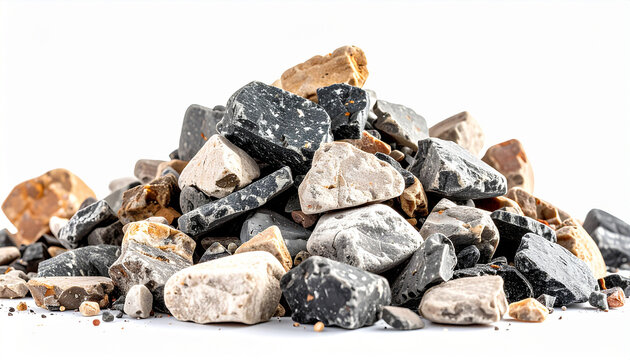 Pile of crushed stones isolated on white backdrop, natural textures, clean and simple presentation