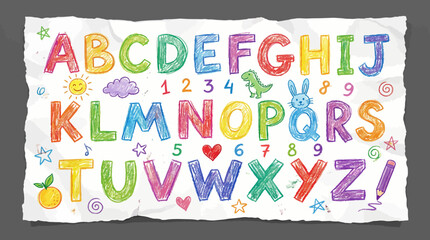 Colorful alphabet letters and numbers on a crumpled paper background, a playful educational illustration for early learning and kids