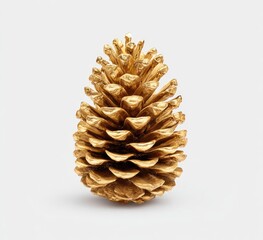 A golden pine cone stands against a plain white background, radiating light