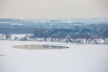 West Causeway pavilions and towers snowscape at the Summer Palace, Beijing, China