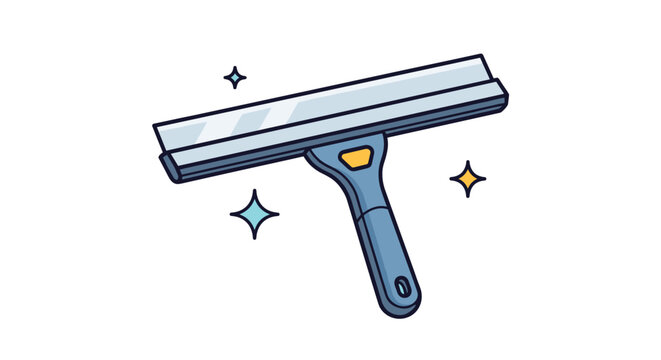 Professional window cleaning squeegee with a blue handle surrounded by sparkles to symbolize cleanliness, hygiene, and household chores.