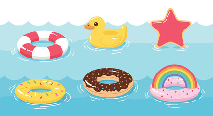 Collection of colorful inflatable pool floats including a duck, a donut, and a rainbow on gentle blue ocean waves during summer vacation.