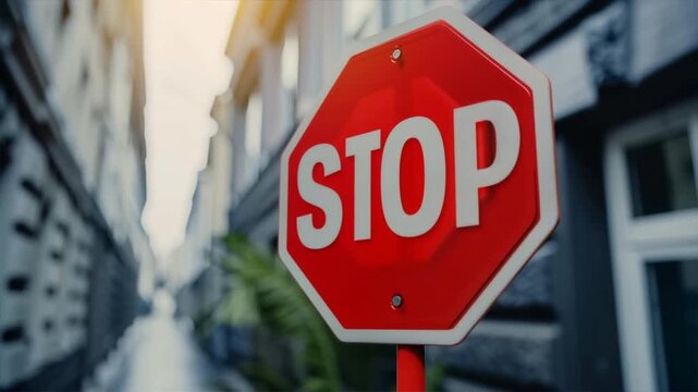 A vibrant stop sign in the foreground with blurred urban buildings in the background, emphasizing road safety.