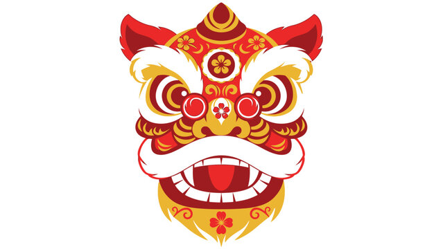Vibrant Chinese Lion Dance Head Mask with Traditional Ornaments on Isolated White Background