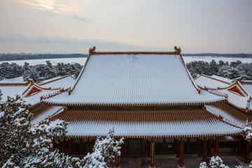 Tower of Buddhist Incense ancient architectural complex snowscape at the Summer Palace, Beijing, China