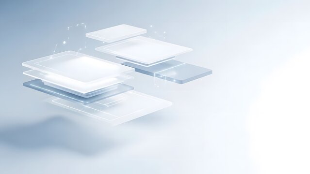 Futuristic isometric layers of glass panels and floating digital data screens on clean white background depicting user interface design software architecture and cloud computing infrastructure