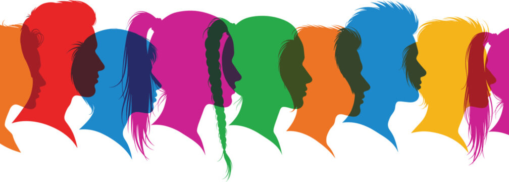 Colorful human profile silhouette lineup representing diversity, inclusion, identity, and multicultural community concepts for modern graphic design projects