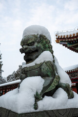 Majestic classical bronze lion in the snow at the Summer Palace, Beijing, China