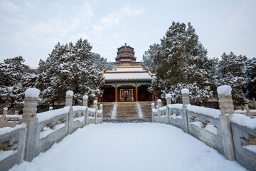 Tower of Buddhist Incense ancient architectural complex snowscape at the Summer Palace, Beijing, China