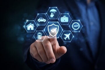 Digital insurance protection icons on technology interface with hand