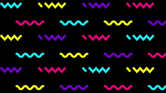 Animated colorful decorative wavy lines is drawn. Linear pattern multicolor background. Looped video. Vector illustration isolated on black background.