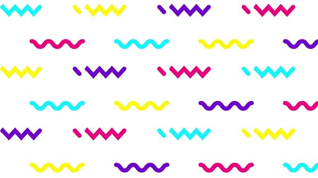 Animated colorful decorative wavy lines is drawn. Linear pattern multicolor background. Looped video. Vector illustration isolated on white background.