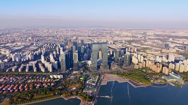 Aerial view of the skyline of the Gate to the East in Suzhou, Jiangsu Province, China.
