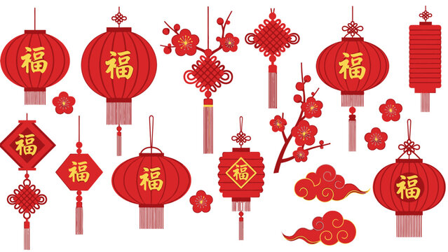 Assortment of Chinese New Year decorations featuring "Fu" character, red lanterns, and plum blossoms, isolated white background.