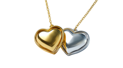 Gold and silver heart necklaces, romantic jewelry, valentine's day gift, isolated on transparent background