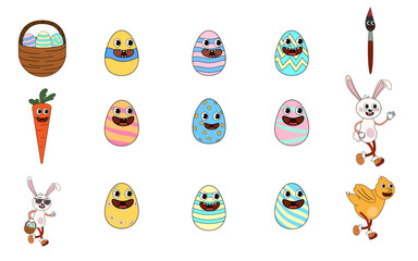 Set of groovy Easter egg bunny, basket cartoon vintage