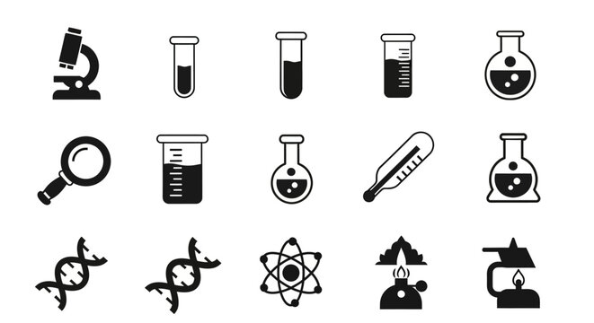 Black icons of science laboratory equipment.