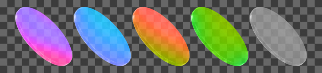 3d neon glass transparent coin, disk, podium or shape element with different angles. Realistic holographic circle figure. Y2k abstract element. Stock vector illustration on isolated background.