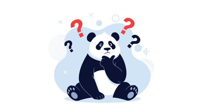Cute cartoon panda sitting and looking confused with question marks floating above its head for problem solving and thinking themes.