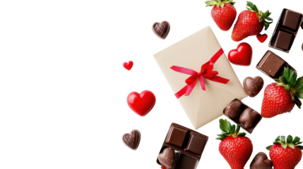 Romantic valentine's gift box with chocolate and strawberries on transparent background