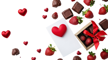 Valentine's day gift box with chocolate, strawberries, and hearts on transparent background