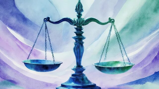 Watercolor painting of scales of justice with balanced pan, symbolic representation