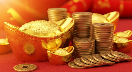 Close up of golden sycee and coins on a red surface, representing wealth, prosperity, and luck in the context of a lunar new year tradition