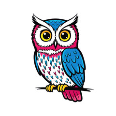 Fototapeta premium Cartoon Owl Sitting on Branch Bright Colors