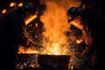 Two workers are using tools to manage molten metal in a foundry at night with bright sparks and heat all around