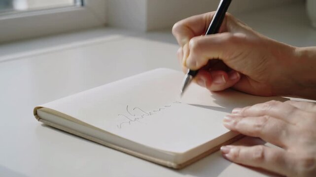 Close-up of hands writing in a blank notebook with pen on desk by window in natural daylight