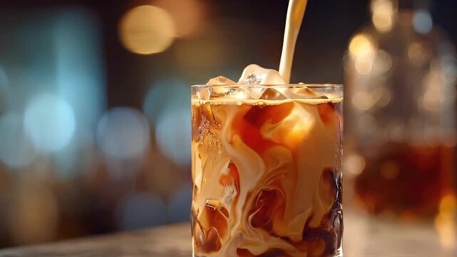Cream Pouring into Iced Coffee with Ice Cubes in a Glass on a Bar Counter