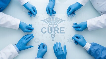 Medical team assembling transparent puzzle with caduceus and word cure, collaborative healthcare concept showing gloved hands solving medical solution with hopeful emotion