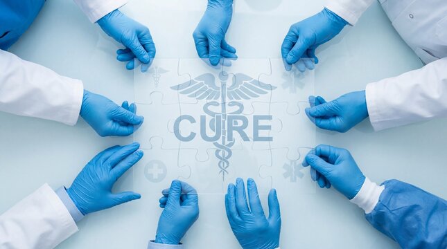 Medical team assembling transparent puzzle with caduceus and word cure, collaborative healthcare concept showing gloved hands solving medical solution with hopeful emotion