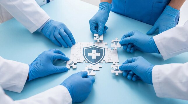 Medical shield puzzle assembled by healthcare team wearing blue gloves showing collaboration and patient safety commitment, closeup overhead shot conveying trust and cooperation