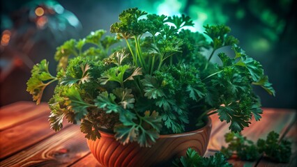 A fresh houseplant with green leaves and healthy tropical plants growing in a garden pot alongside organic herbs and vegetables like basil for cooking