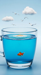 A glass cup filled with blue water, sand island, and a goldfish inside, seagulls and clouds above, representing escape and freedom within constraints