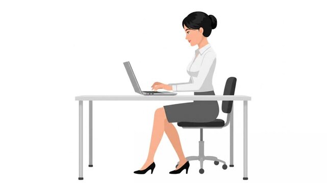 1. Full-body 2D animated office worker typing on laptop at work desk, calm professional posture, sub