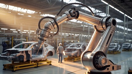 Robotic Arm Assembling Cars in Modern Auto Plant