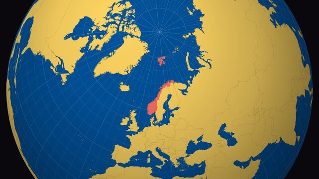 Norway on Globe. Animated zoom into the country in Ocean Blue Golden Yellow color palette. Norway logo animation. Map with meridians, parallels. Neat video.