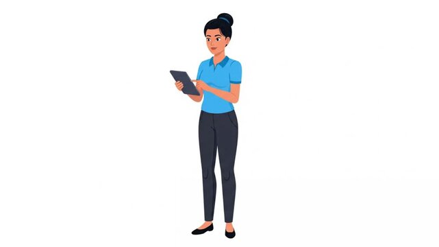 7. Full-body 2D animated IT support worker holding tablet and tapping screen, neutral professional s